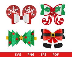 christmas bows and ornaments are shown in red, green, and white