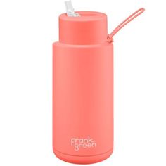 a pink water bottle with a straw sticking out of it's top and the words frank green written in white