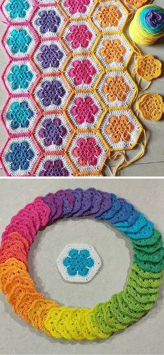 crochet patterns are shown in two different colors and one is made with yarn