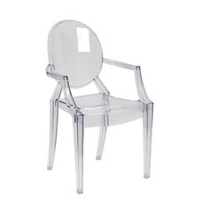 a clear plastic chair with a round back and arms, viewed from the side on a white background