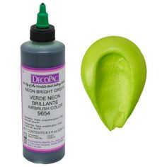 a bottle of neon green acrylic next to an image of a lime green hair dye