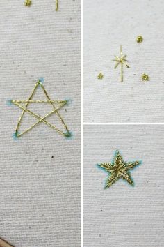 four different pictures of gold stars and needles