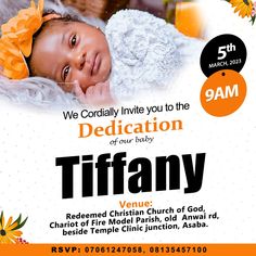 a flyer for the dedication of our baby with an image of a baby in a blanket