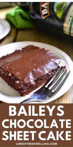 a piece of chocolate sheet cake on a plate with a fork