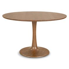 a round wooden table with an oval base and wood grained finish on the top