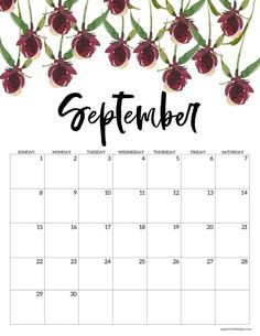 a calendar with red flowers on it and the words september written in black ink next to it