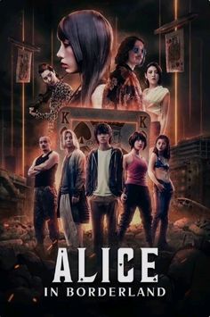 the poster for alice in borderland, starring actors from left to right jack sparrow, elizabeth