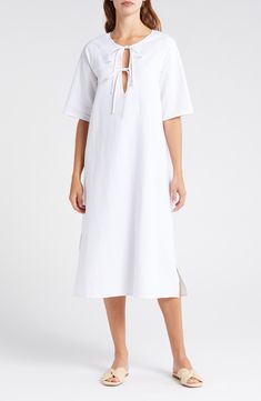 A duo of ties at the neckline defines a keyhole cutout on this fabulous linen-kissed cover-up dress that's perfect to pack for your next vacation. 48" length (size Medium) Slips on over head Split neck with ties Elbow-length sleeves Unlined 86% viscose, 13% linen, 1% other fibers Machine wash, line dry Imported Linen Beach Dress With Tie Fastening, Summer Linen Dress With Tie Waist For Vacation, Linen Vacation Dress With Tie Fastening, Vacation Linen Dress With Tie Fastening, Linen Dress With Tie Fastening For Vacation, Elegant Linen Dress With Tie Waist For Vacation, White Vacation Dresses With Tie Fastening, Casual Linen Dress With Tie Waist For Vacation, Summer Beach Linen Dress With Tie Waist