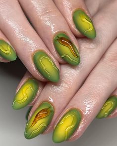 Maximalist Nail Ideas + Inspiration 🎀 Artist: Cristinavnails on Instagram (linked as well) Goblin Nail Art, Cool Green Nail Designs, Two Color Nails Ideas Simple, Nail Ideas Green Short, Spooky Mushroom Nails, Trippy Fall Nails, Simple Creative Nails, Honey Inspired Nails, Pasta Nail Art