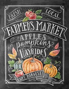 a sign that says farmers market apples pumpkins hayries