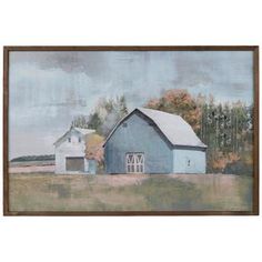 a painting of a blue barn with trees in the background