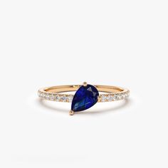 14k Slanted Pear Shape Sapphire Ring with Pave Diamonds – FERKOS FJ Rose Gold Round Diamond Ring, Round Diamond Ring Settings, Sapphire Engagement Ring Unique, Ring Teardrop, Floating Diamond Necklace, Unique Promise Rings, Push Present, Sapphire Engagement Ring Set, Blue Sapphire Engagement Ring