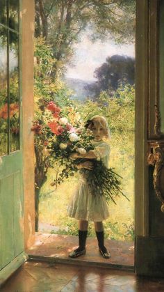 a painting of a girl holding flowers in front of an open door to a garden