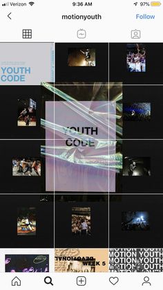 an iphone screen with the text youth code on it and images of people in motion