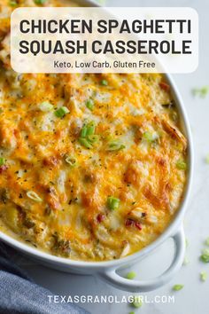 chicken spaghetti squash casserole in a white dish with text overlay that reads, chicken spaghetti squash casserole