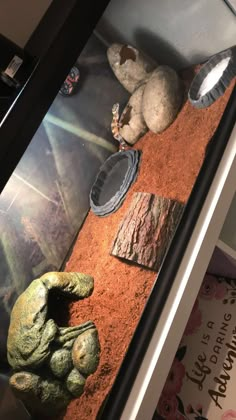 there are two stuffed animals in the display case, and one is laying on the ground