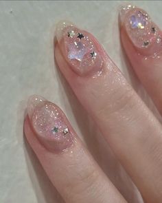 Clear Sparkly Nails, Star Gel Nails, Idol Nails, Belle Nails, Star Nail, Basic Nails