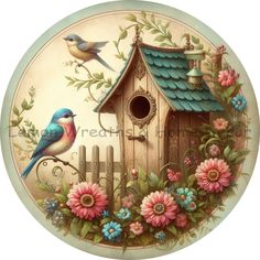 a bird house painted on the side of a plate with flowers and birds around it