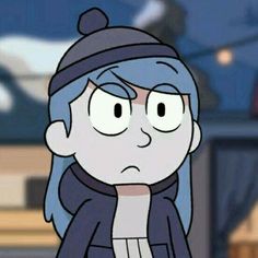 an animated image of a woman with blue hair wearing a beanie and scarf on