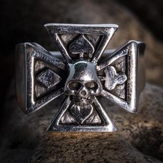 *   Chancer Skull Ring    The skull is set in the centre of an Iron Cross    Each section of the cross has one of the four playing card suit symbols    with a black enamel infil*  Hand made in our workshops in Devon*  Just over 1/2 ounce of .925 fully hall marked sterling silver ring*  Available in M - Z*  Special Sizes are available on request Silver Engraved Jewelry For Biker Events, Biker Style Sterling Silver Jewelry For Biker Events, Silver Biker Jewelry As A Gift, Gothic Viking, Viking Pagan, Iron Cross, Skull Ring, Playing Card, Sterling Silver Bands