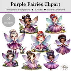 the purple fairy clipart is available for use in many different designs, including flowers and leaves