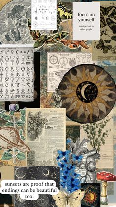 a collage of images with words and pictures on them, including an image of the moon