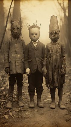 three children wearing weird looking costumes and headdresses stand in the middle of a forest