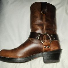 Brown Leather Moto Boots, 1 3/4 Inch Heel, Size 6.5. The Outsole Has Great Traction. Worn Once, Great Condition. Vintage Boots With Bridle Leather And Leather Lining, Vintage Bridle Leather Boots With Leather Lining, Western Brown Moto Boots With Closed Toe, Western Boots With Bridle Leather And Round Toe, Western Style Brown Moto Boots With Closed Toe, Vintage Snip Toe Moto Boots With Leather Lining, Vintage Moto Boots With Snip Toe And Leather Lining, Bridle Leather Moto Boots With Round Toe, Moto Boots With Bridle Leather And Leather Sole