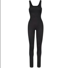 Skims All-In-One Jumpsuit Tank Catsuit Onyx Color Black Square Neck Tank Style Nwt Size 3x Sleeveless Black Unitard For Loungewear, Casual Black Sleeveless Unitard, Casual Black Overall Bodysuit, Casual Black Unitard For Loungewear, Onyx Color, Onyx Colour, Cotton Romper, Long Sleeve Jumpsuit, Long Sleeve Onesie