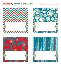 four christmas cards with red, green and blue designs