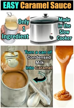 caramel sauce being poured into a slow cooker with instructions for how to use it