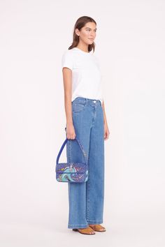 The classic hand-beaded shoulder bag with vegan leather piping. This Tommy update features a beach swimming motif and magnetic snap closure. Staud Tommy Bag, Tommy Beaded Bag, Spring Handbags, Palm Leaves Pattern, Beach Swimming, Beaded Bag, Swimmers, Beaded Bags, Green Bag