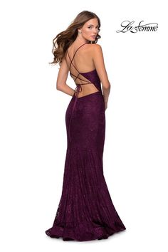 Look sexy in this beautiful stretch lace Prom 2020 dress. La Femme 28534 is available in wine, emerald, and royal blue. This style features a romantic sweetheart neckline and crisscross lace up back. The featured thigh slit truly completes the look. This gown is perfect for any gala, formal event, special occasion, and of course Prom 2020! Beautiful Lace Dresses, Purple Prom, Prom 2020, Prom Dresses Long Lace, Beautiful Long Dresses, Birthday Shoot, Purple Prom Dress, Trumpet Gown, Prom Dress Stores