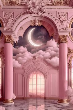 a pink room with columns and a moon painted on the ceiling