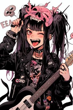 an anime character holding a guitar and wearing a pink skull headband with her hair in pigtails