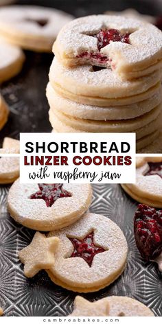 shortbread liner cookies with raspberry jam are on a plate and the words shortbread liner cookies above them