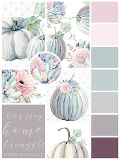 the color scheme is blue, pink and white with flowers on it's pumpkins