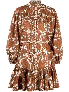 ZIMMERMANN Tiggy paisley-print Minidress - Farfetch Edgy Glam, Brown Mini Dress, Cotton Mini Dress, Paisley Top, Beaded Belt, Vestido Casual, Fashion Sale, Drop Waist, All About Fashion