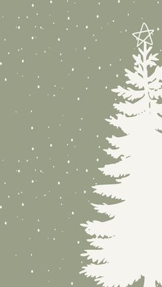 a white christmas tree on a green background with snow flakes and stars in the sky