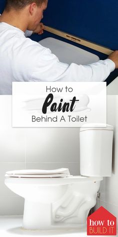 a man in white shirt fixing a toilet with blue paint on the wall behind him