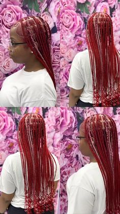 Strawberry Braids, Strawberry Shortcake Braids, Red And Pink Braids, Skl Hairstyles, Christmas Braids, Peekaboo Braids, December Hair, Purple Braids, Natural Hair Accessories