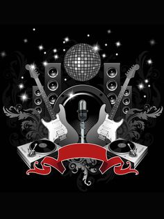 an abstract music background with guitars, speakers and a disco ball in the center illustration