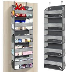 two shelving units with baskets on the top and bottom, one in grey color