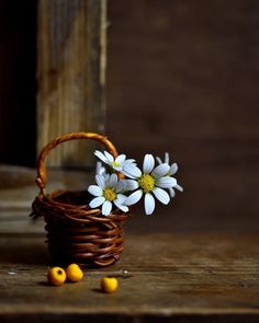 three daisies in a wicker basket on a wooden table