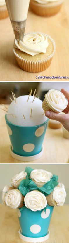 the cupcakes are being made in blue and white polka dots