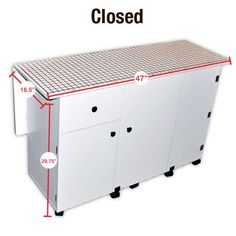 the side view of a closed cabinet with red lines on it and measurements for each drawer