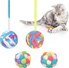 a cat playing with three colorful balls on a white background and one has a stick