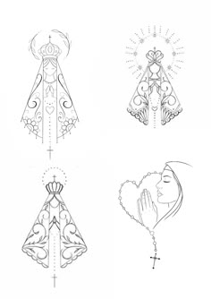 four different dresses with designs on them, including one in the shape of a heart