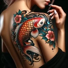 Koi Fish Tattoo: Timeless Art with Modern Symbolism & Inspiration 4 Koi Fish Tattoo Cover Up, Koi Fish Tattoo On Shoulder, Koi Fish Tattoo For Women Sleeve, Pisces Sleeve Tattoos For Women, Feminine Koi Fish Tattoo, Realistic Koi Fish Tattoo, Koi Fish Back Tattoo For Women, Japanese Tattoo Art Women, Pices Zodiac Tattoo Women