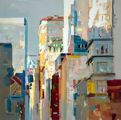 an oil painting of city buildings and street lights